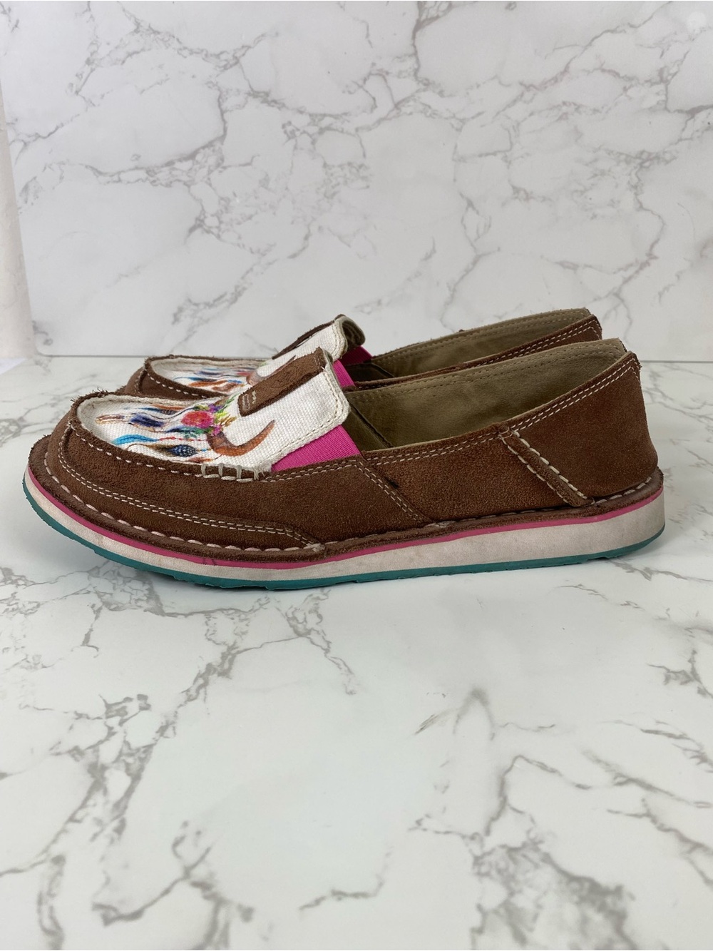 Ariat Brown, Pink & White Floral Bull Skull Slip-On Moccasins - Picture 3 of 8